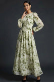 Green Floral A Line Maxi Wedding Guest Dress with Long Sleeves