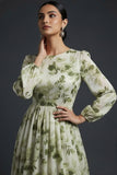 Green Floral A Line Maxi Wedding Guest Dress with Long Sleeves