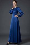 Satin Green A Line Round Neck Long Wedding Guest Dress with Long Sleeves