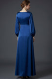 Satin Green A Line Round Neck Long Wedding Guest Dress with Long Sleeves