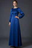 Satin Green A Line Round Neck Long Wedding Guest Dress with Long Sleeves
