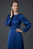 Satin Green A Line Round Neck Long Wedding Guest Dress with Long Sleeves
