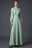 Satin Green A Line Round Neck Long Wedding Guest Dress with Long Sleeves