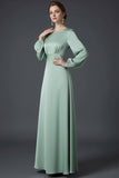 Satin Green A Line Round Neck Long Wedding Guest Dress with Long Sleeves