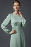 Satin Green A Line Round Neck Long Wedding Guest Dress with Long Sleeves