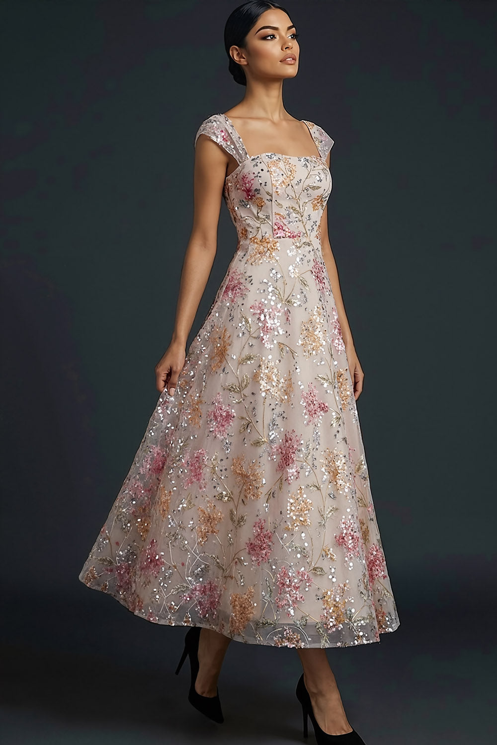 Leely Women Sparkly Floral Pink Sequined Long Gala Dress A Line Square