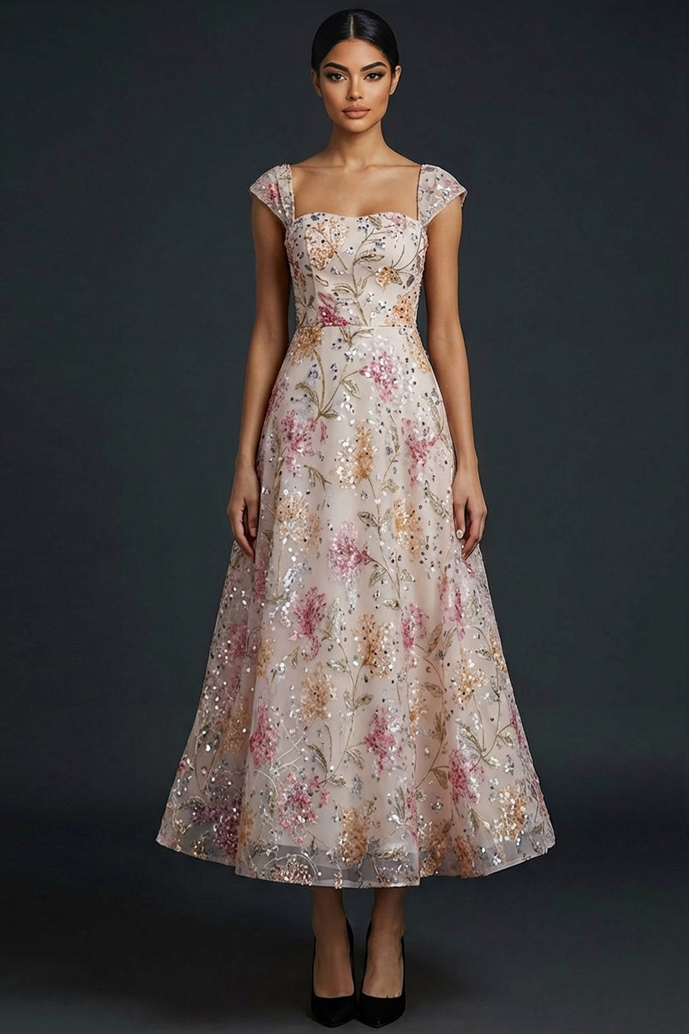 Leely Women Sparkly Floral Pink Sequined Long Gala Dress A Line Square