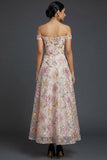 Sparkly Floral Pink Off the Shoulder Sequined Long Wedding Guest Dress