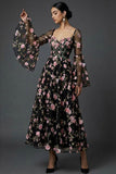 Black Floral Sweetheart A Line Long Wedding Guest Dress with 3D Flower