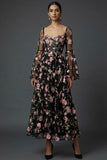 Black Floral Sweetheart A Line Long Wedding Guest Dress with 3D Flower