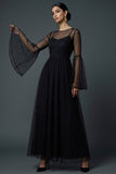 Black A Line Spaghetti Straps Tulle Long Formal Dress with Flutter Sleeves