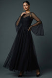 Black A Line Spaghetti Straps Tulle Long Formal Dress with Flutter Sleeves
