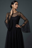 Black A Line Spaghetti Straps Tulle Long Formal Dress with Flutter Sleeves