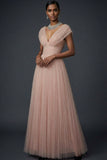 Vintage Rose Tulle V-Neck A Line Maxi Wedding Guest Dress