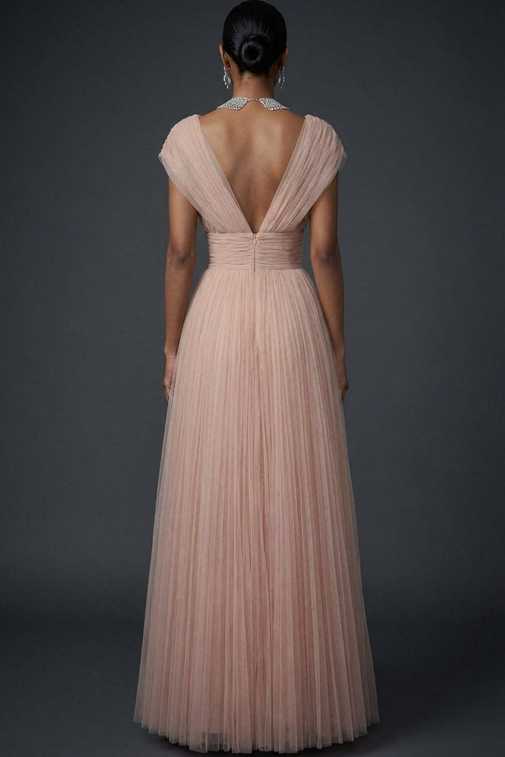 Vintage Rose Tulle V-Neck A Line Maxi Wedding Guest Dress