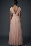 Vintage Rose Tulle V-Neck A Line Maxi Wedding Guest Dress