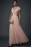 Vintage Rose Tulle V-Neck A Line Maxi Wedding Guest Dress