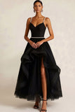 Black Tulle Ruffled A Line Long Formal Dress with Slit