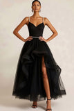 Black Tulle Ruffled A Line Long Formal Dress with Slit