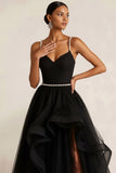 Black Tulle Ruffled A Line Long Formal Dress with Slit