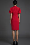 Red Bodycon Puff Sleeves Collar Neck Midi Formal Dress