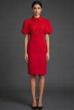Red Bodycon Puff Sleeves Collar Neck Midi Formal Dress