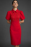 Red Bodycon Puff Sleeves Collar Neck Midi Formal Dress