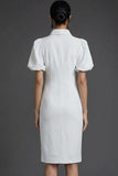 Red Bodycon Puff Sleeves Collar Neck Midi Formal Dress