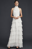 White High Neck Ruffled A Line Maxi Wedding Reception Dress
