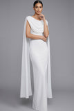 White Round Neck Mermaid Long Formal Dress with Cape