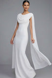 White Round Neck Mermaid Long Formal Dress with Cape