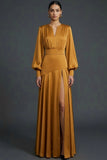 Bronzer Maxi V-Neck Satin Formal Dress with Slit