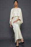 White Mermaid Satin Long White Wedding Reception Dress with Cape