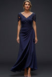 Sparkly Navy V-Neck Ruched Long Wedding Guest Dress with Beading
