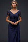 Sparkly Navy V-Neck Ruched Long Wedding Guest Dress with Beading