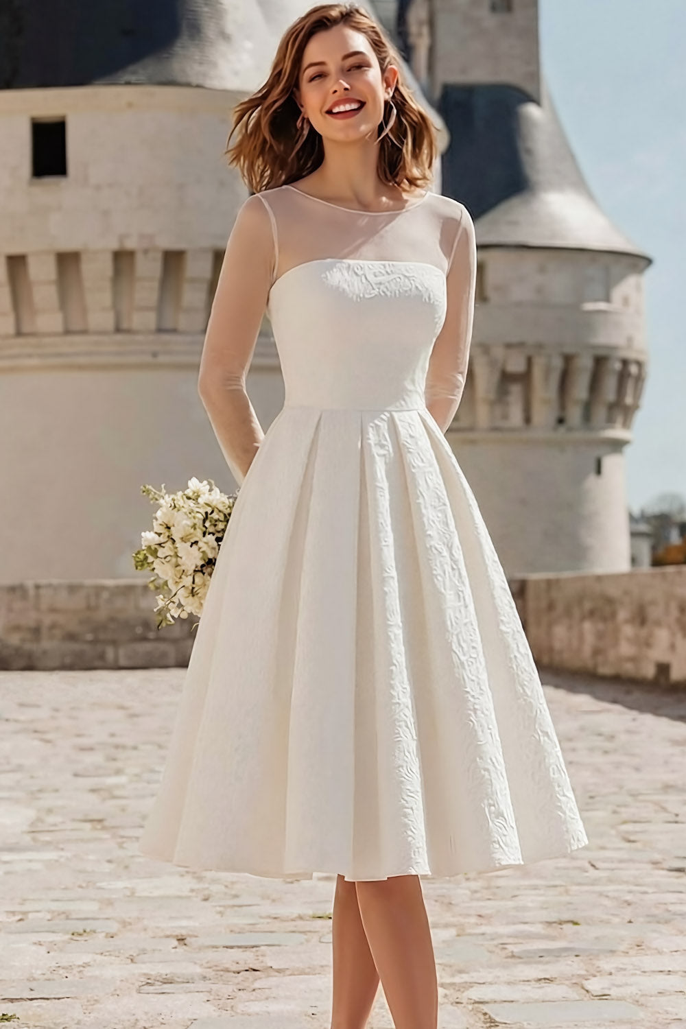 Leely Women Jacquard White A Line Midi Wedding Reception Dress Illusion