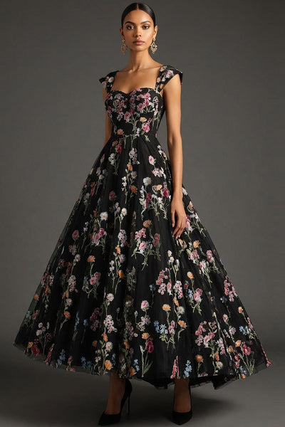 Leely Women Black Floral A Line Long Wedding Guest Dress with Cap ...