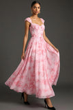 Pink Floral A Line Sweetheart Corset Long Wedding Guest Dress