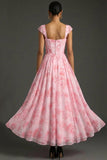 Pink Floral A Line Sweetheart Corset Long Wedding Guest Dress