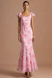 Pink Floral Mermaid Ruffled Long Wedding Guest Dress