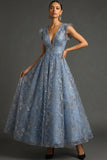 Dusty Blue Sparkly Floral A Line Long Gala Dress with Sequin