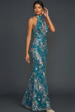 Sparkly Floral Peacock Mermaid Maxi Gala Dress with Beading