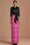 Fuchsia Collar Neck Floral Mermaid Long Formal Dress with Bow