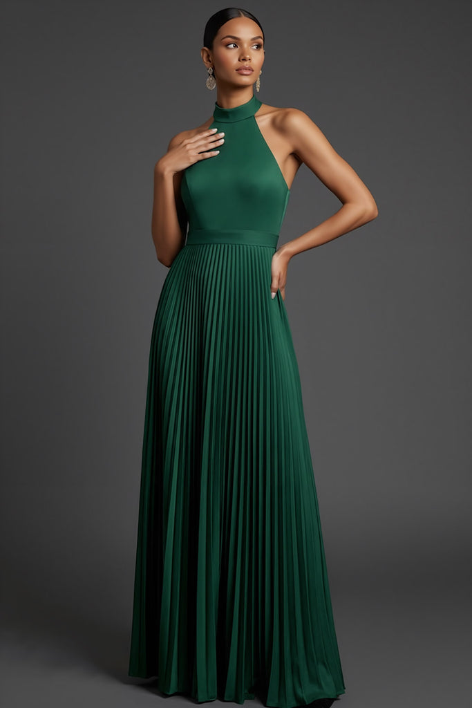 Leely Women Dark Green Pleated A Line Maxi Formal Dress with Slit