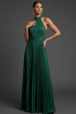 Dark Green Halter Neck Pleated A Line Maxi Formal Dress with Slit