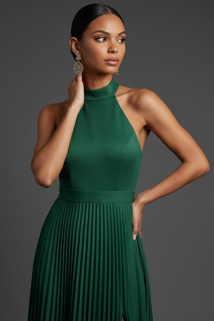 Leely Women Dark Green Pleated A Line Maxi Formal Dress with Slit