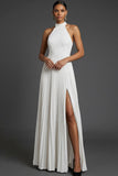 Dark Green Halter Neck Pleated A Line Maxi Formal Dress with Slit
