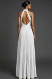 Dark Green Halter Neck Pleated A Line Maxi Formal Dress with Slit