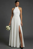 Dark Green Halter Neck Pleated A Line Maxi Formal Dress with Slit