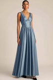 Dusty Blue Satin Corset V Neck Long Wedding Guest Dress